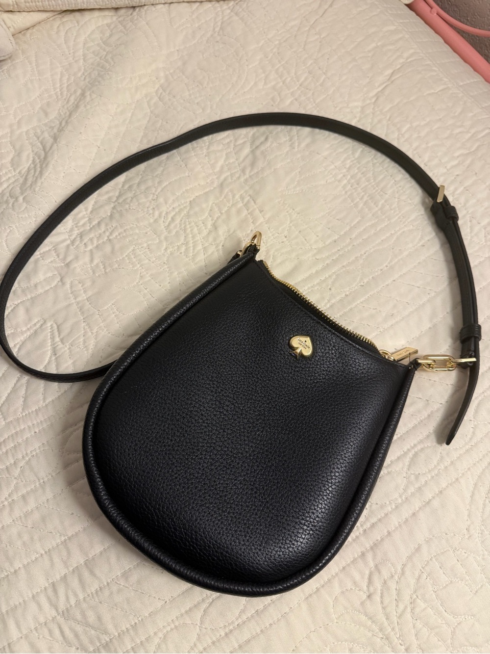 kate spade Black Pebbled Leather Saddle Crossbody with Gold Hardware